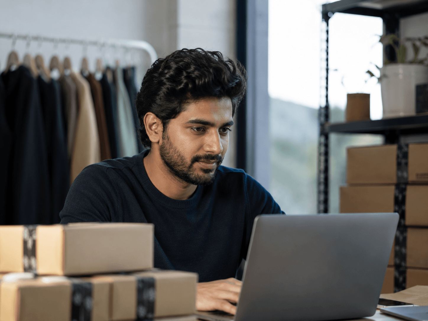 D2C founder reviewing their own-domain storefront with packed orders nearby