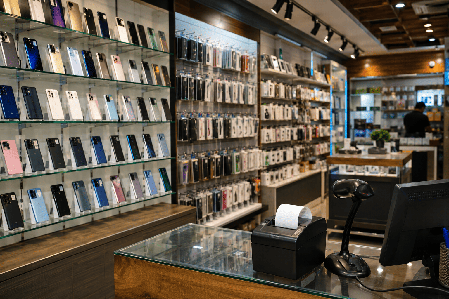 Electronics store counter with smartphones, barcode scanner, and thermal printer