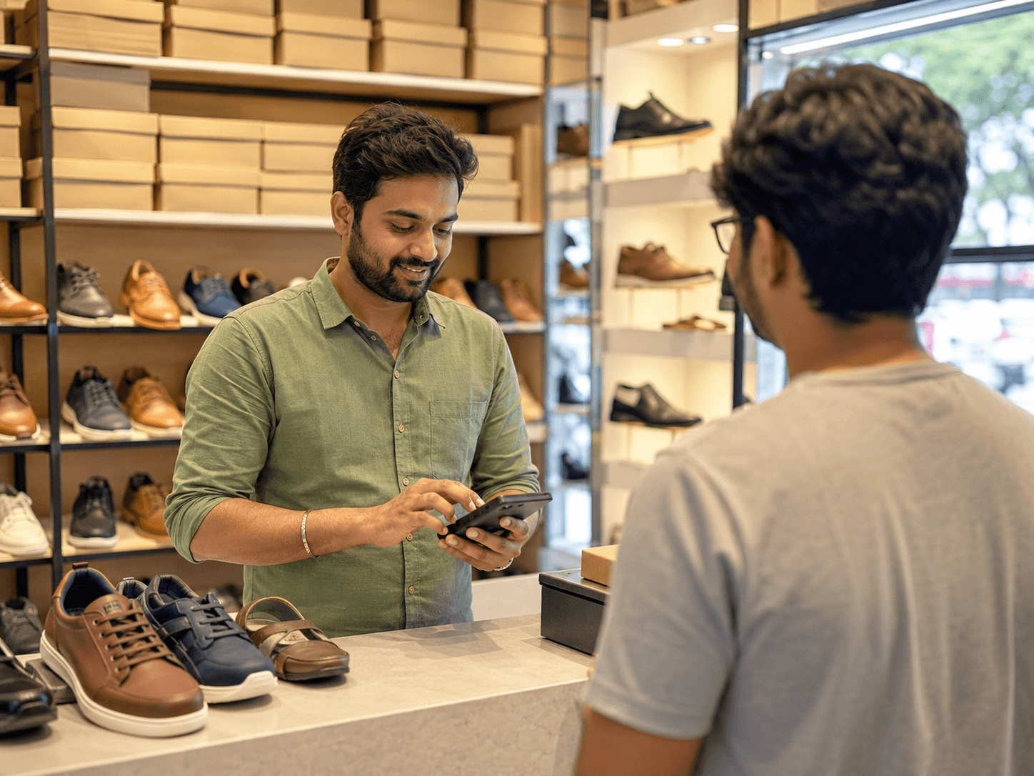 Footwear store owner billing a customer at the counter with BillClap