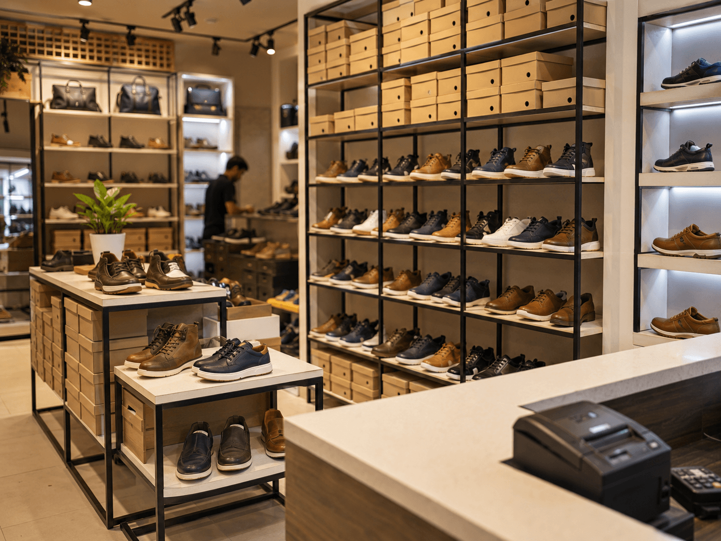 shoe racks and counter with thermal printer in a footwear store