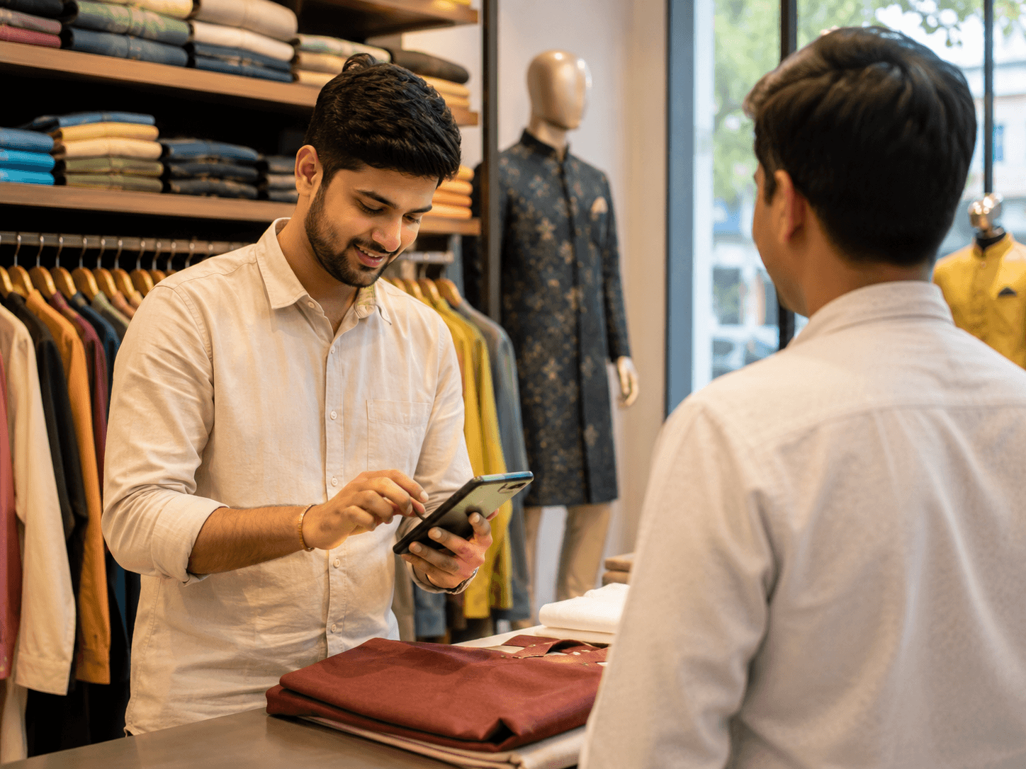 Garment store owner billing a customer at the counter with BillClap