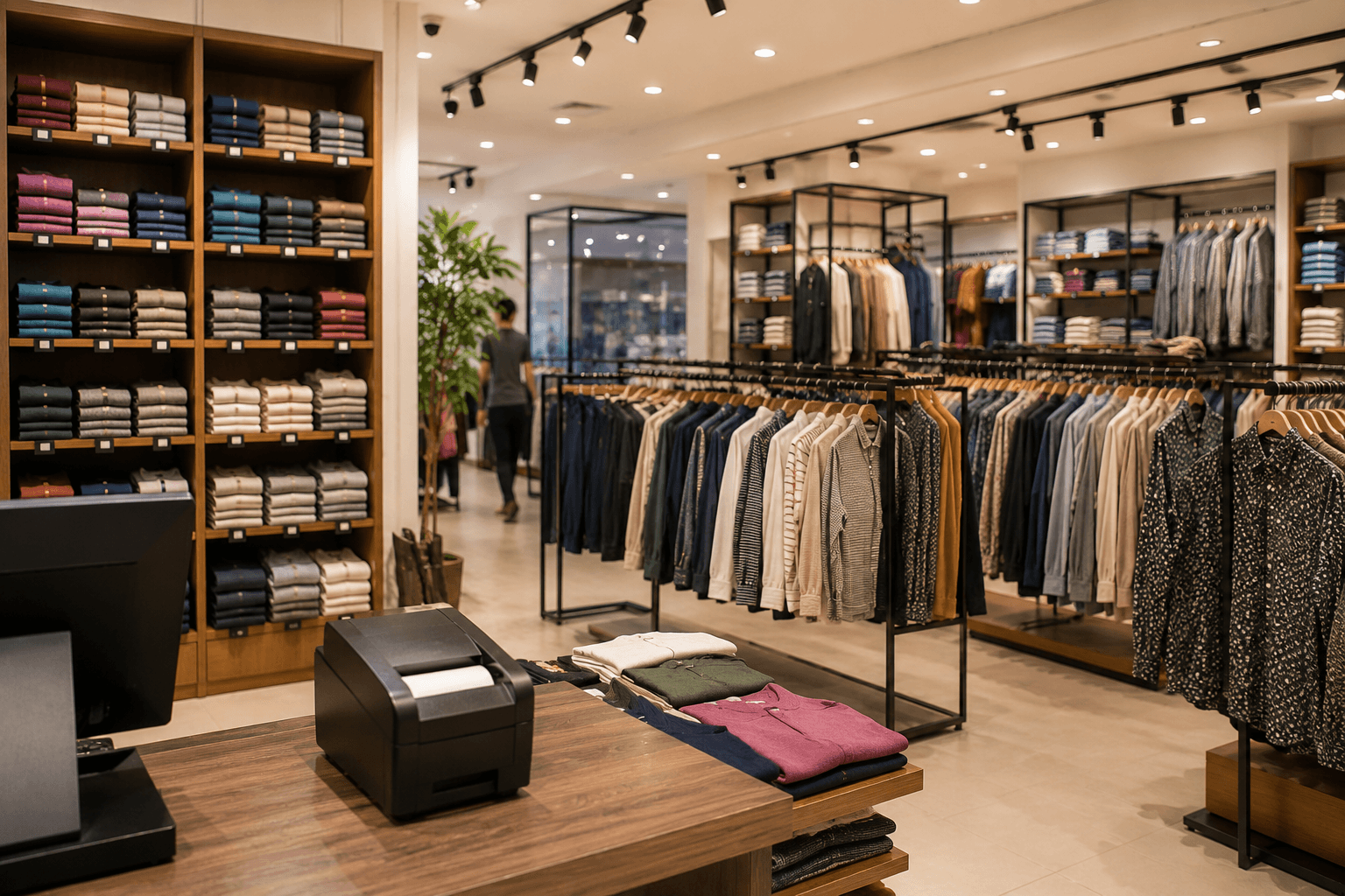 Clothing racks and counter with thermal printer in a garment store