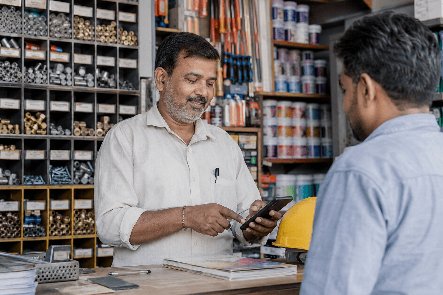 Hardware store owner billing a contractor with BillClap GST billing software