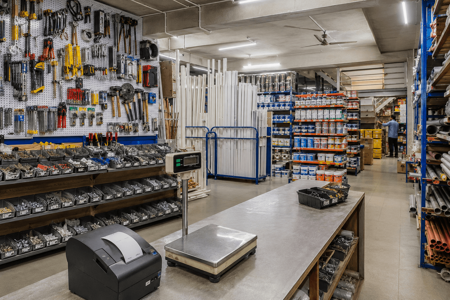 Hardware store aisles and counter with thermal printer