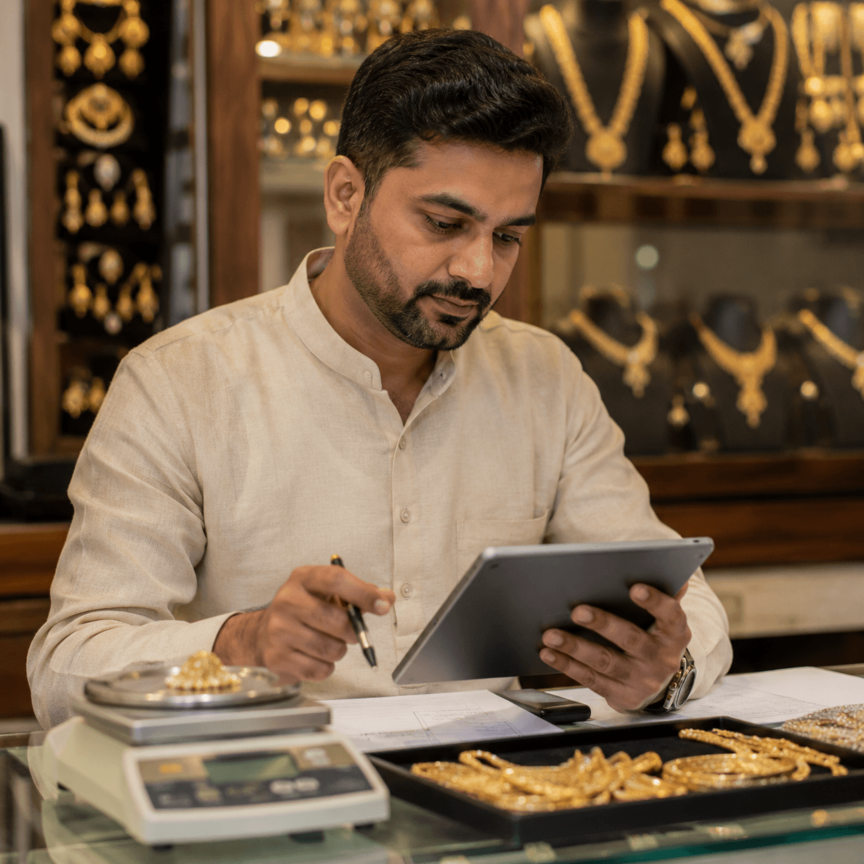 Jewelry shop owner reviewing an invoice and ledger on a tablet at the counter