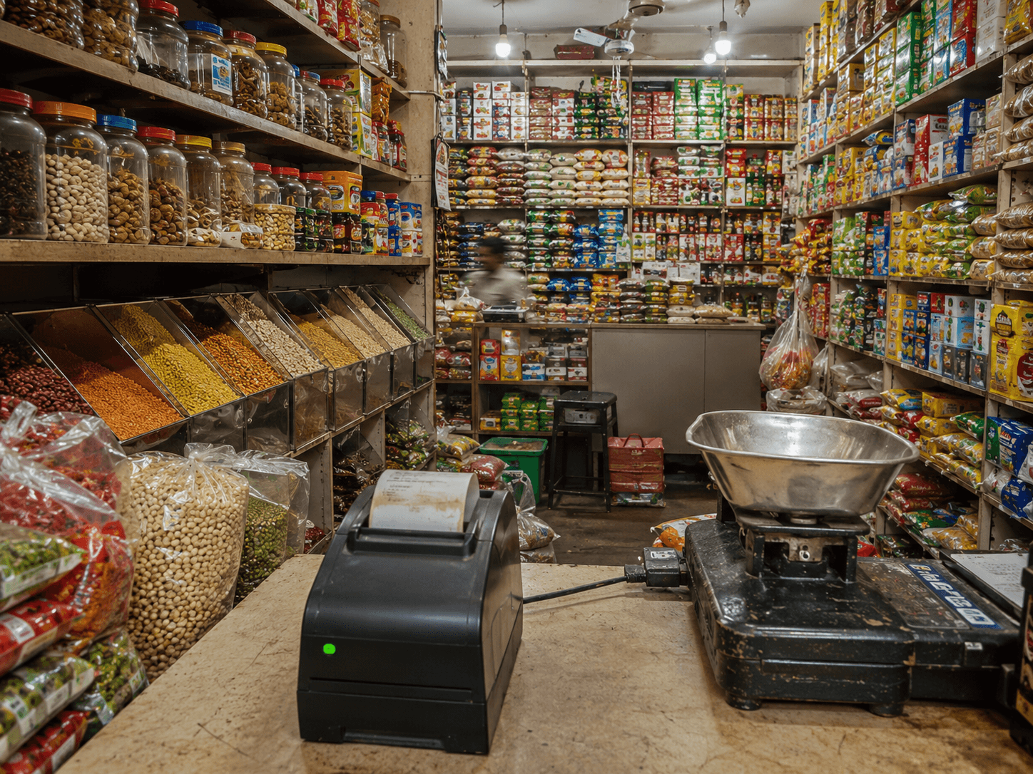 Grocery shelves and counter with thermal printer in a kirana store