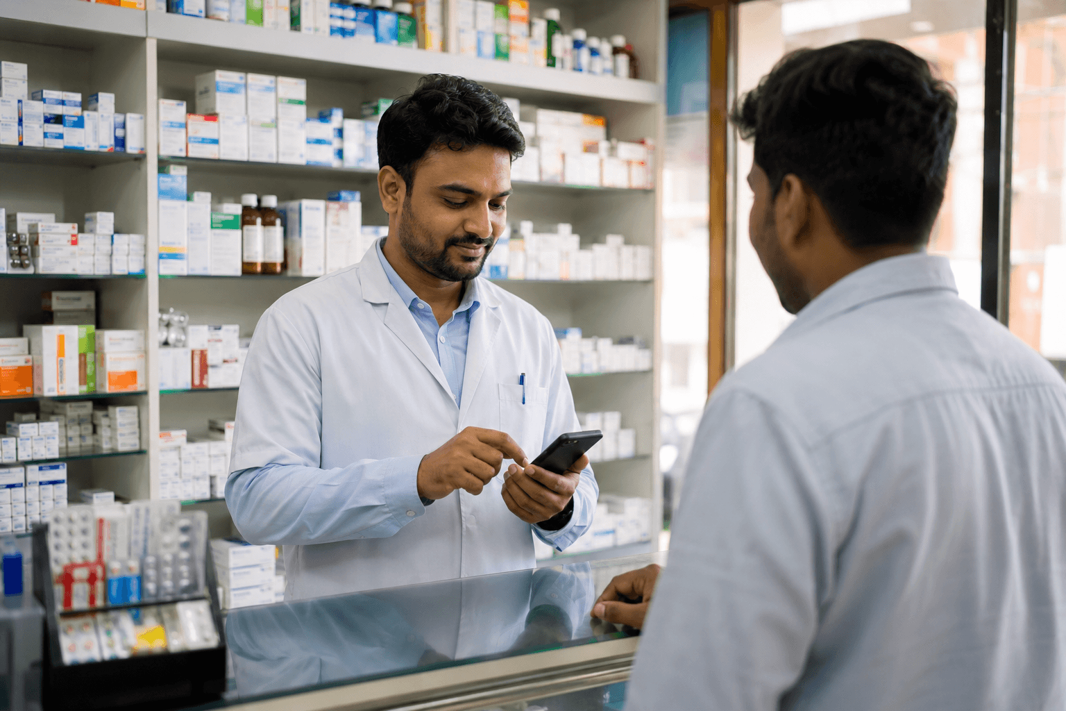 Pharmacist billing a customer at a medical store counter with BillClap