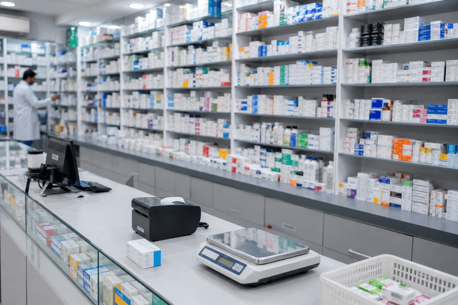 Pharmacy racks and counter with thermal printer