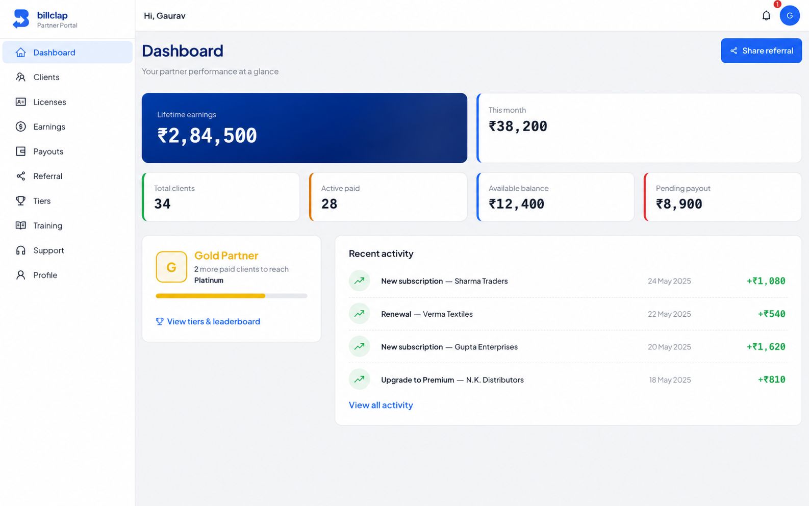 BillClap partner dashboard