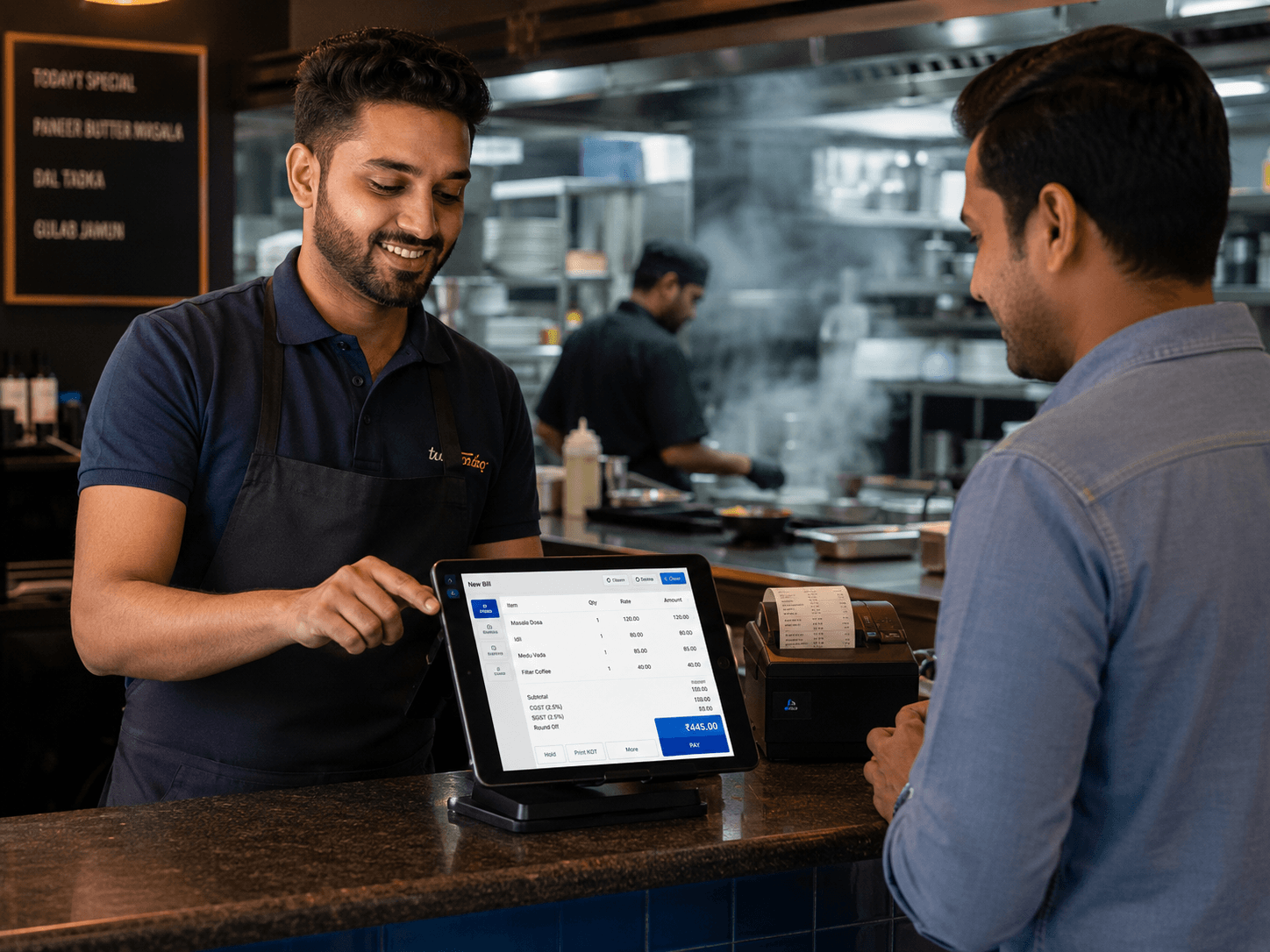 Restaurant counter with a billing tablet and kitchen order ticket printer