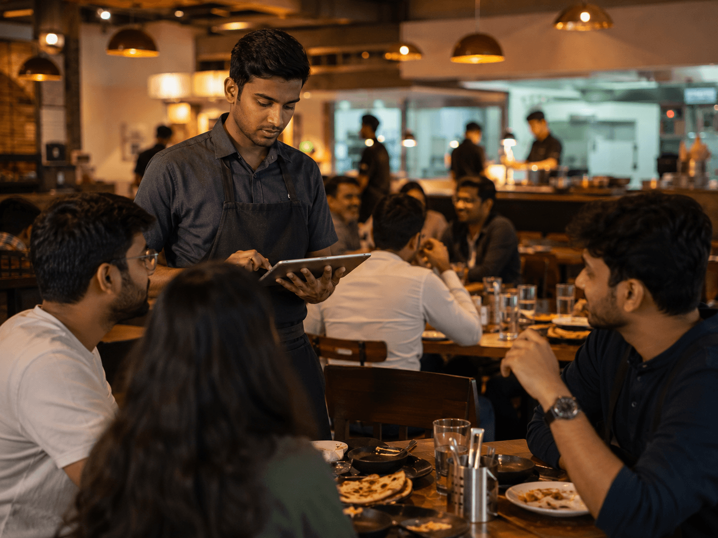 Waiter billing a table on a tablet with the kitchen visible in the background