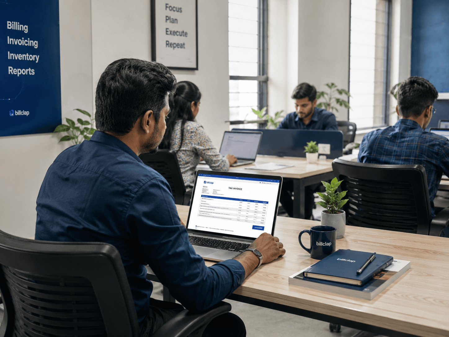 Service company team reviewing quotations and invoices on a laptop