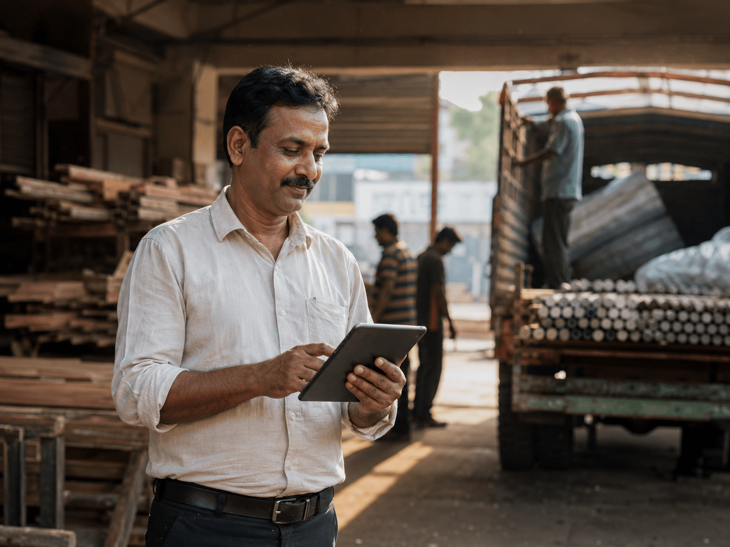 Small manufacturer billing a dispatch on a tablet at the factory