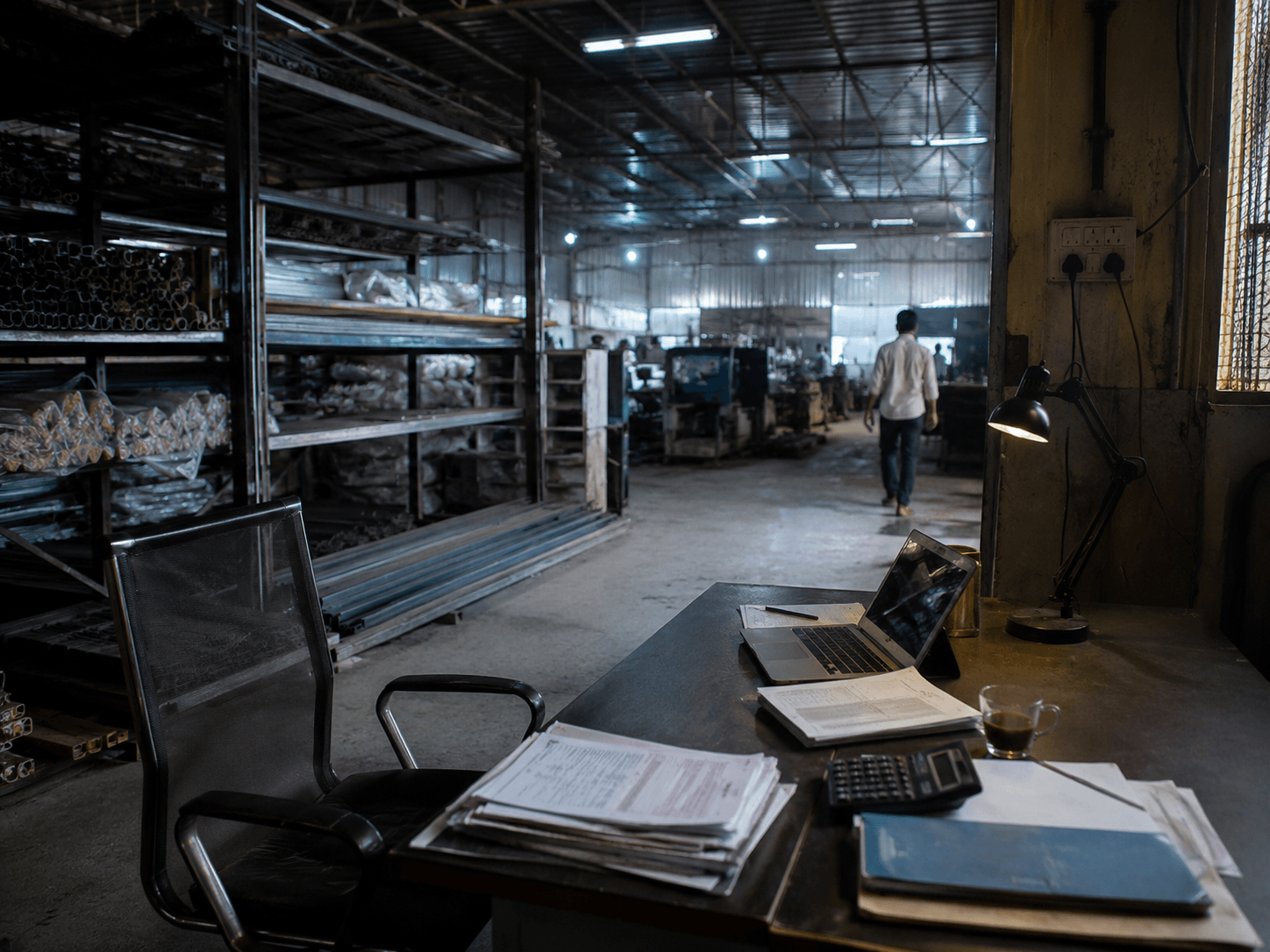 Small factory floor with raw material racks and a billing desk