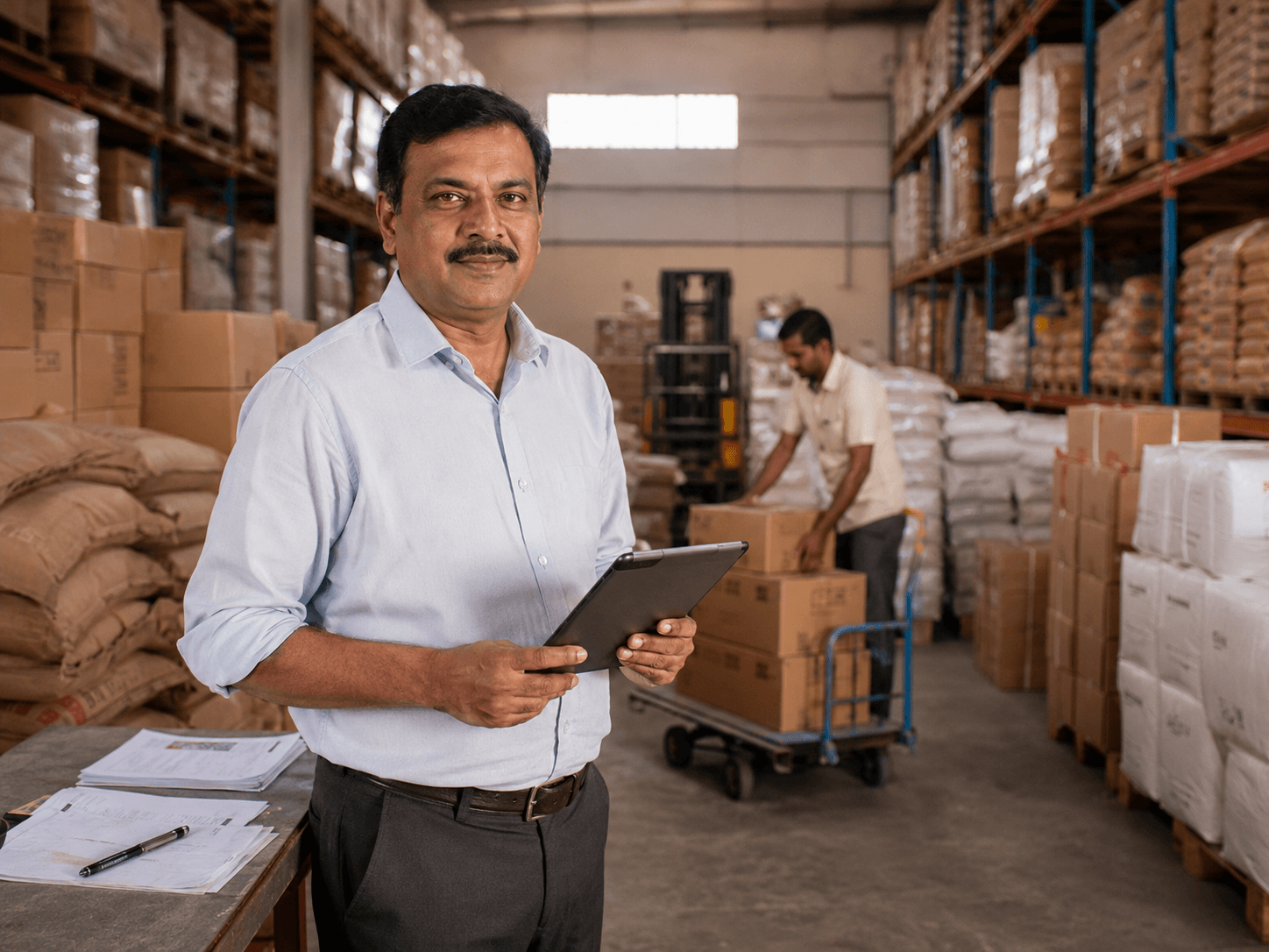 Wholesaler billing a retailer at a distribution desk with BillClap