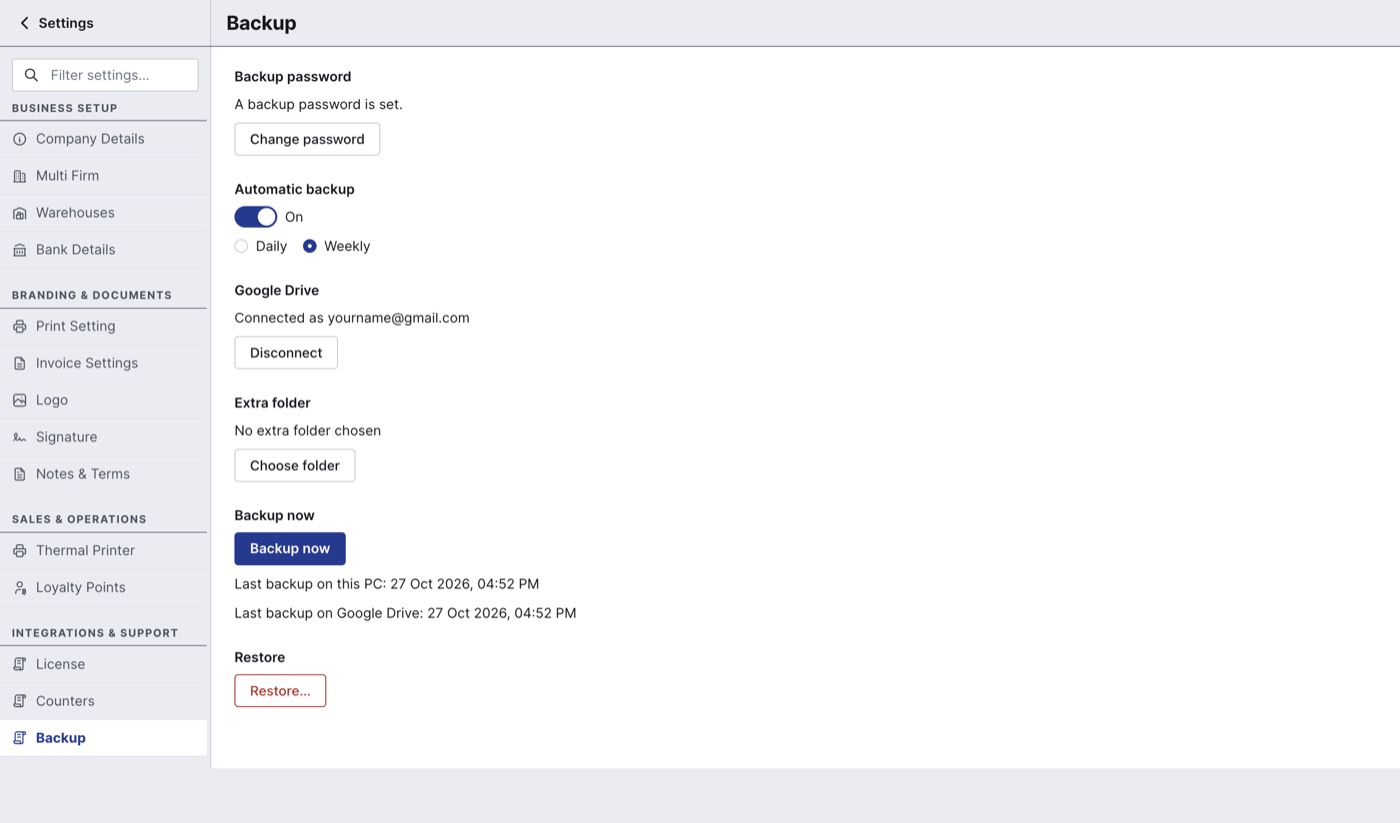 Backup page with Backup now and last backup times