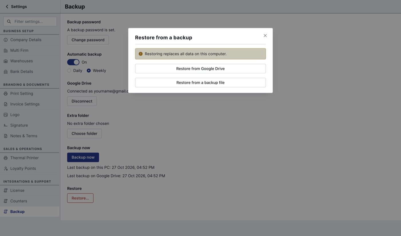 Restore from a backup dialog with Restore from Google Drive and Restore from a backup file options