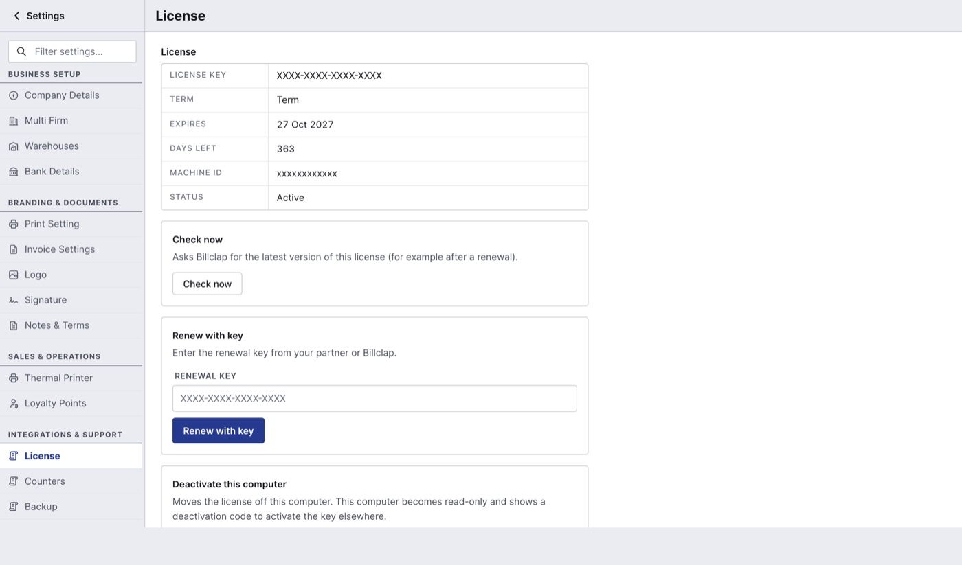 BillClap Offline Settings License page showing licence key, term, expiry, days left, machine ID, status, Check now and Renew with key
