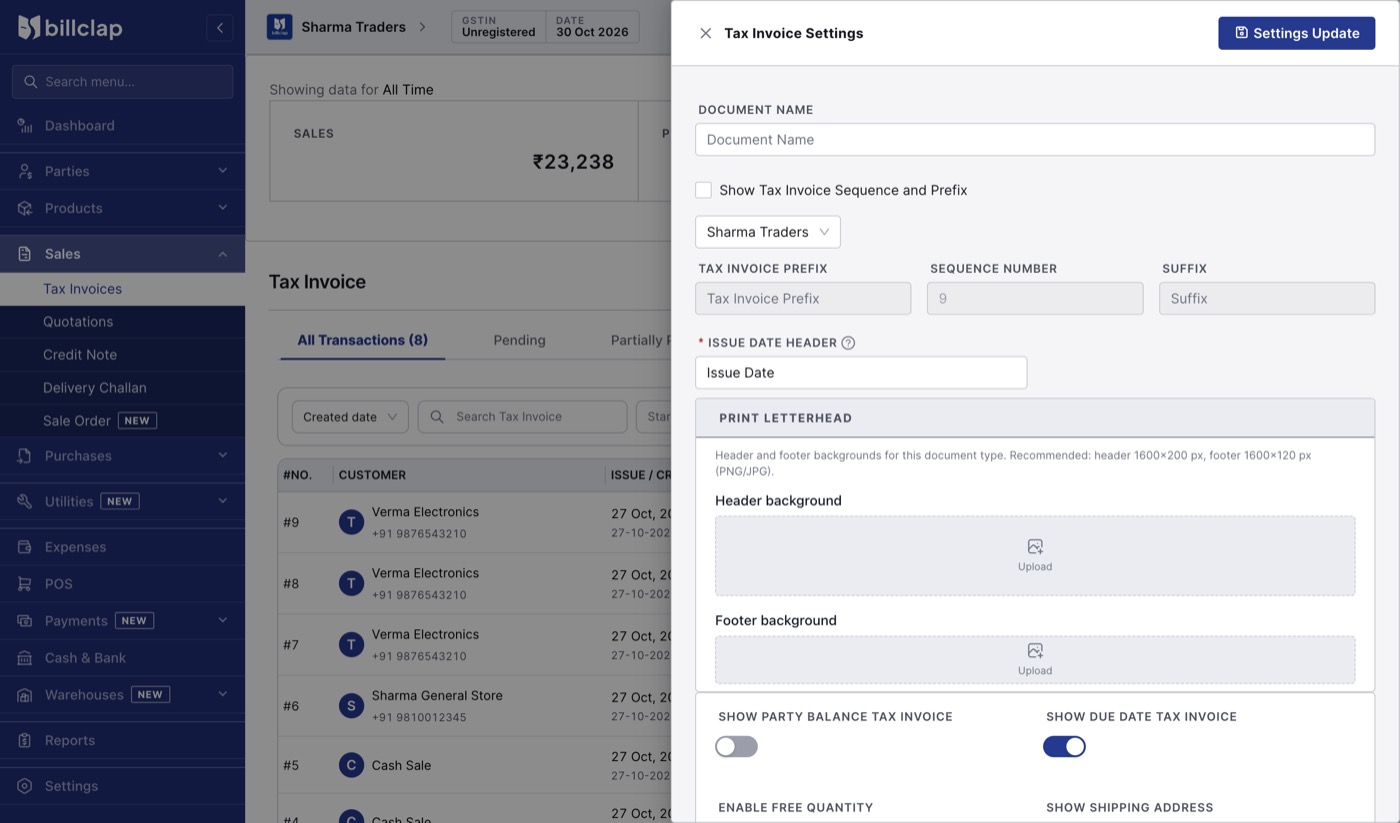 Tax Invoice Settings drawer with invoice prefix, sequence number, suffix and print letterhead