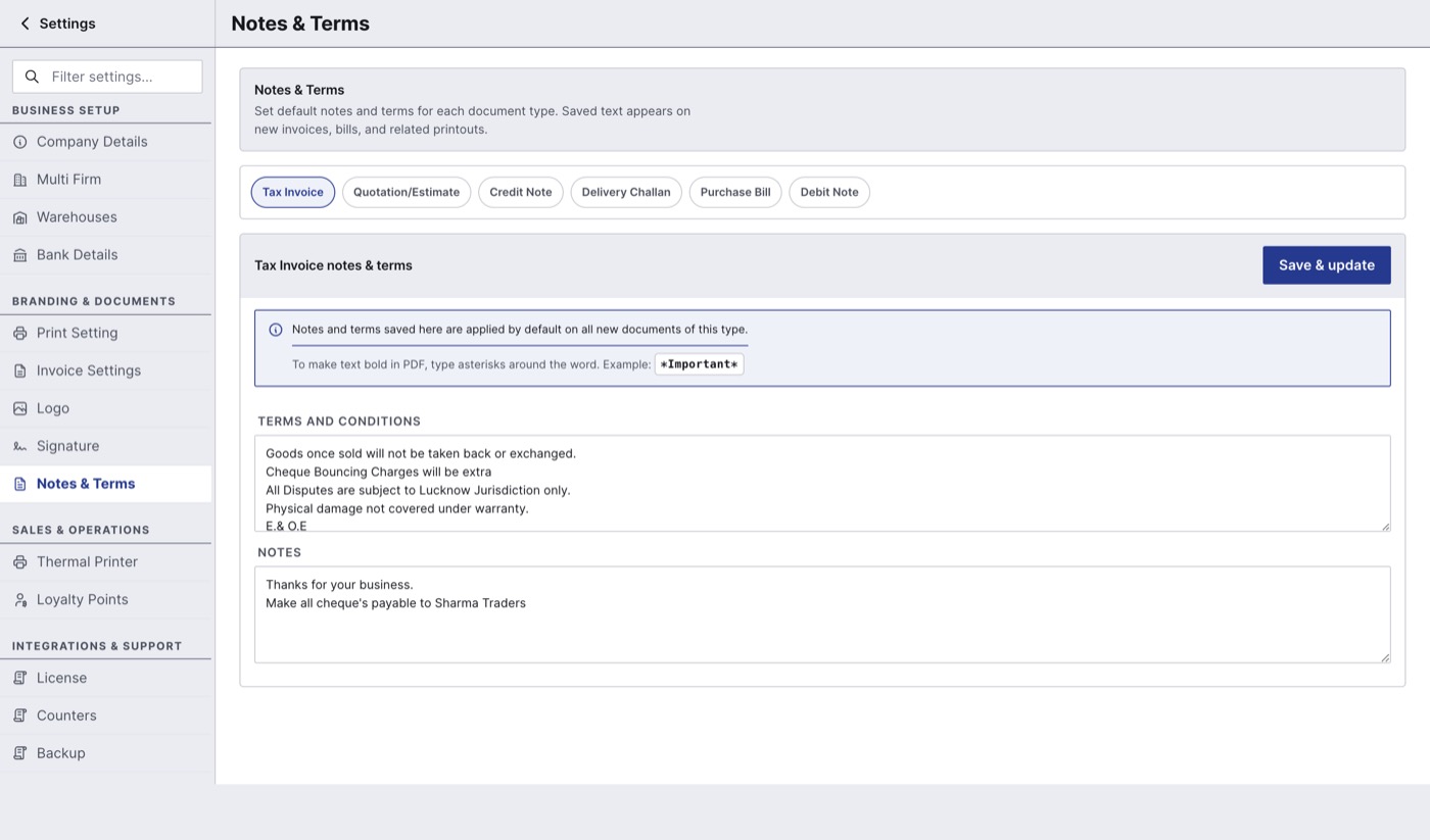 Settings Notes and Terms page with terms and conditions and notes for tax invoices