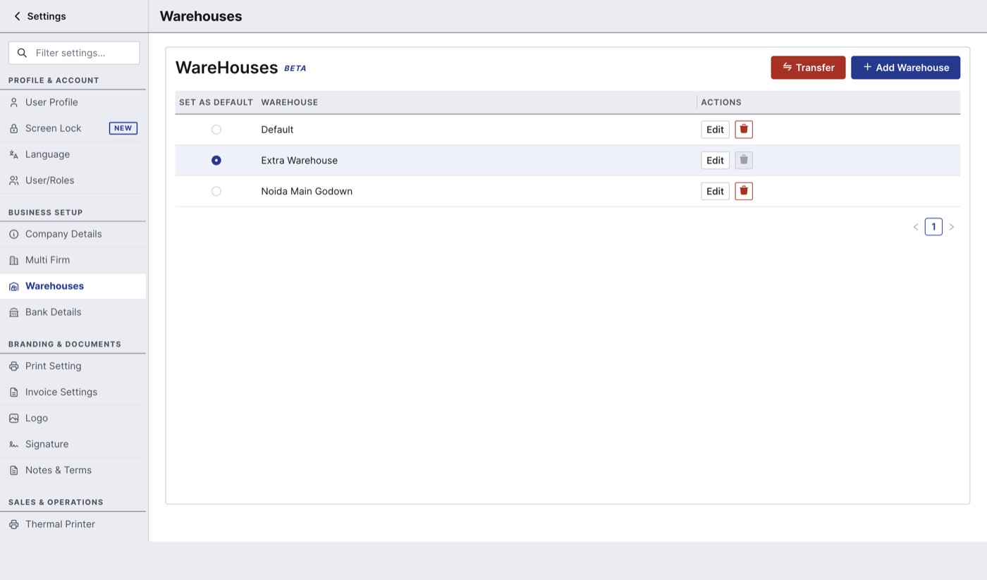 Warehouses list with Set as Default, Transfer and Add Warehouse