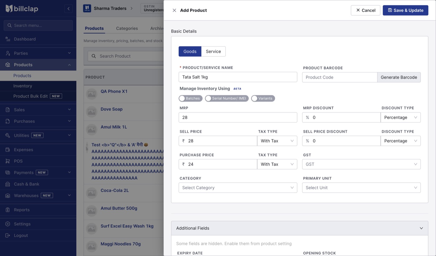 Add Product form in BillClap Offline with name, MRP, sell price, purchase price, tax type, GST, category and unit