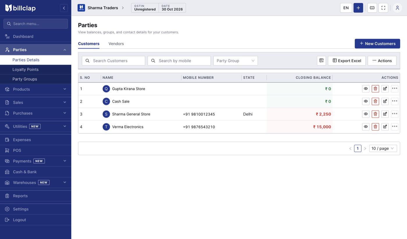 BillClap Offline Parties list with Customers and Vendors tabs, mobile number, state and closing balance
