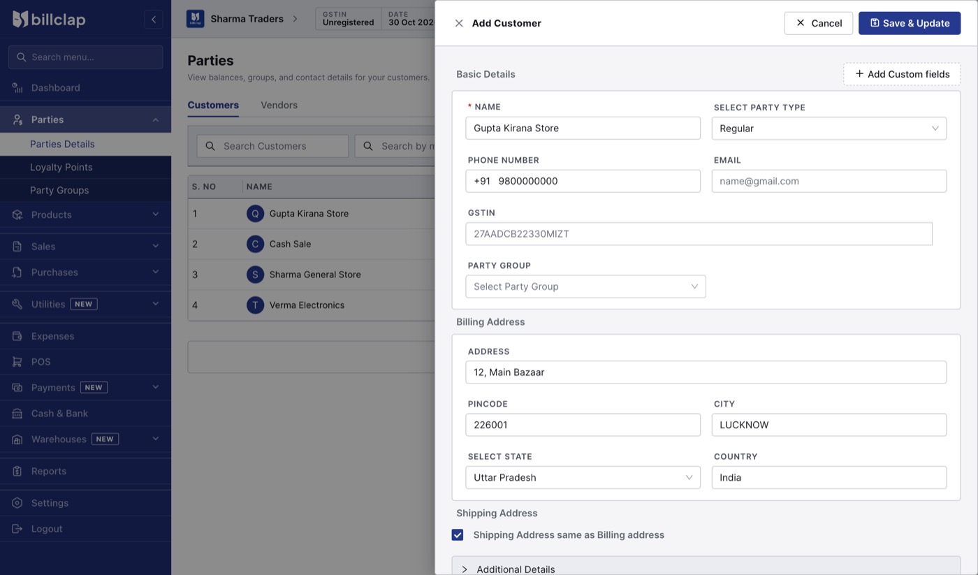 Add Customer form in BillClap Offline with name, phone, GSTIN, address, pincode, city and state