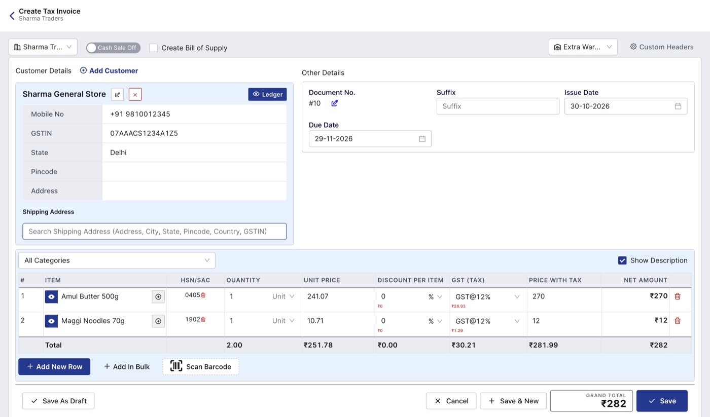 Create Tax Invoice screen in BillClap Offline with customer details, two items, GST and grand total