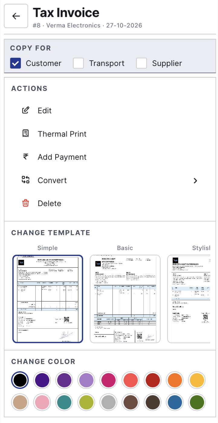 Invoice actions panel with Thermal Print, Add Payment, Convert, Delete, Change Template and Change Color