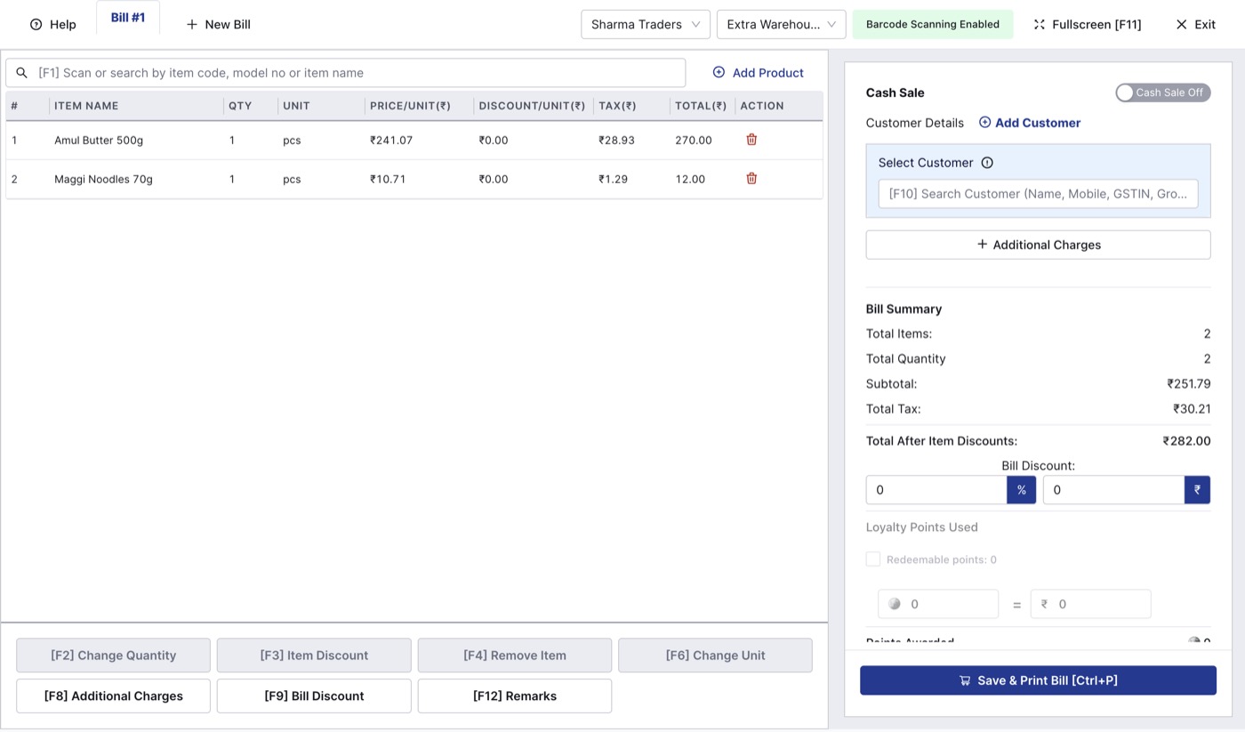 BillClap Offline POS screen with two items, bill summary and Save and Print Bill button