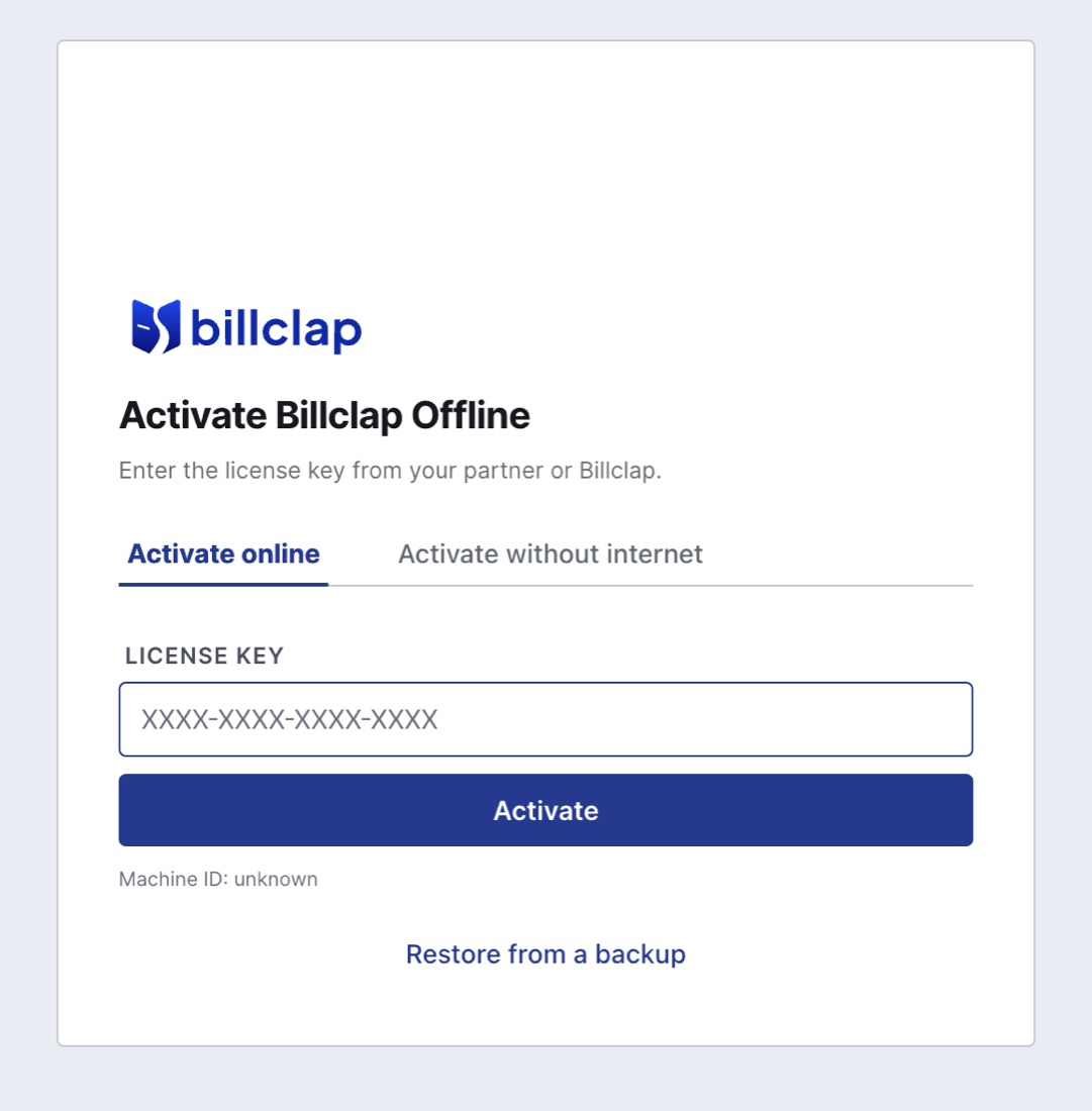 Activate Billclap Offline screen with Restore from a backup link