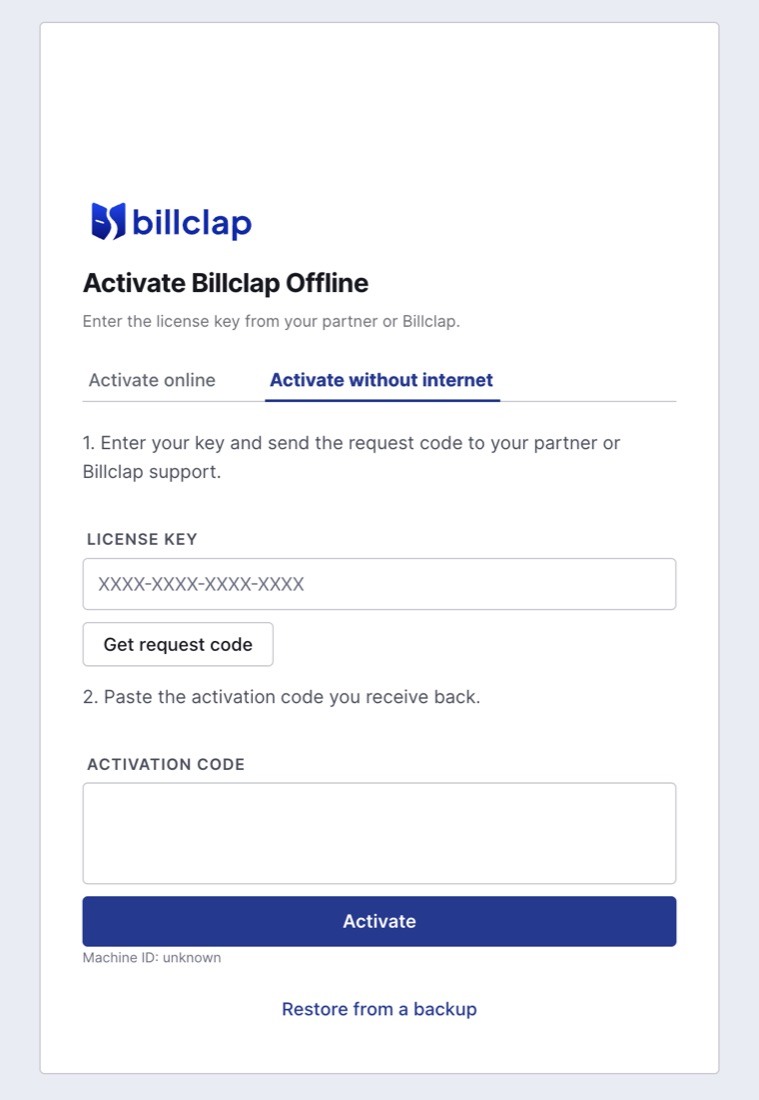 Activate without internet tab with licence key, Get request code button, activation code box and Activate button