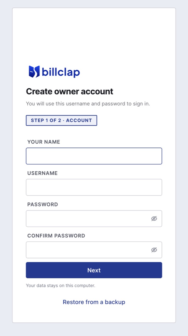 Create owner account screen with your name, username, password and confirm password