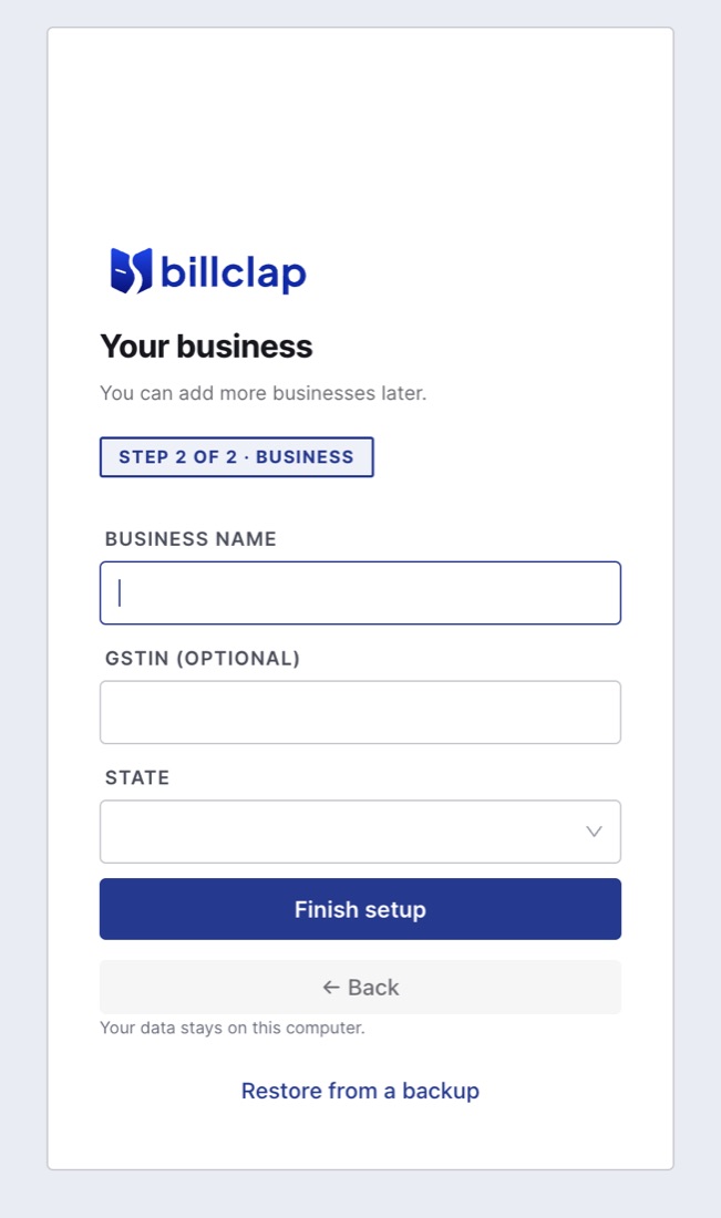 Your business setup screen with business name, optional GSTIN, state and Finish setup button