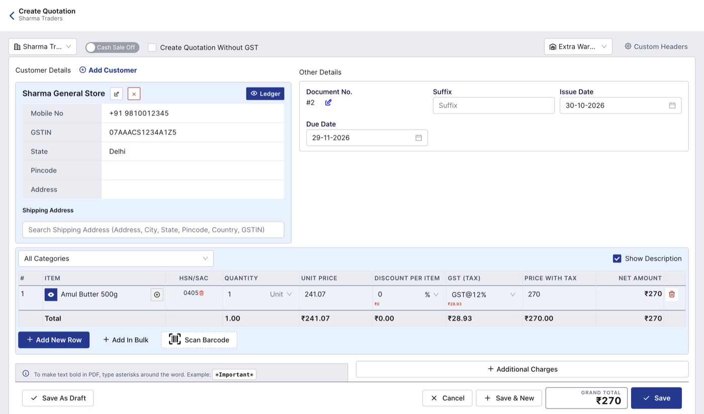 Create Quotation screen in BillClap Offline with customer and item