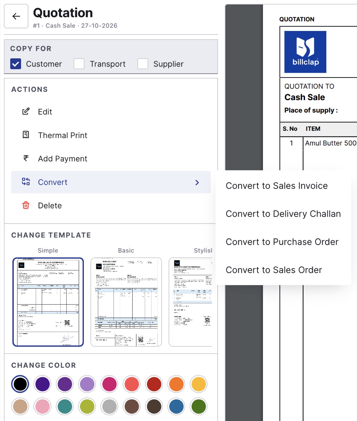 Quotation actions with Convert menu showing Convert to Sales Invoice, Delivery Challan, Purchase Order and Sales Order