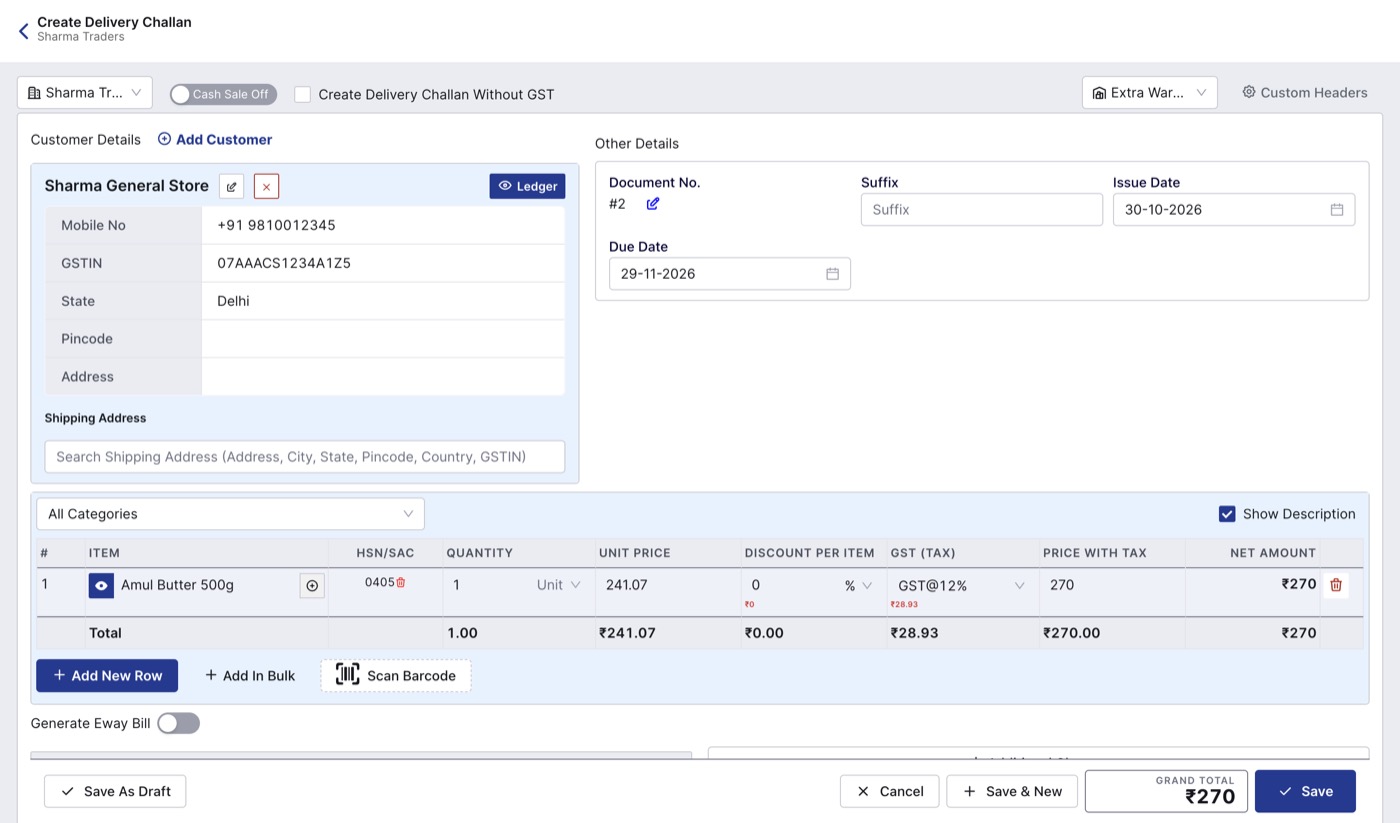 Create Delivery Challan screen in BillClap Offline