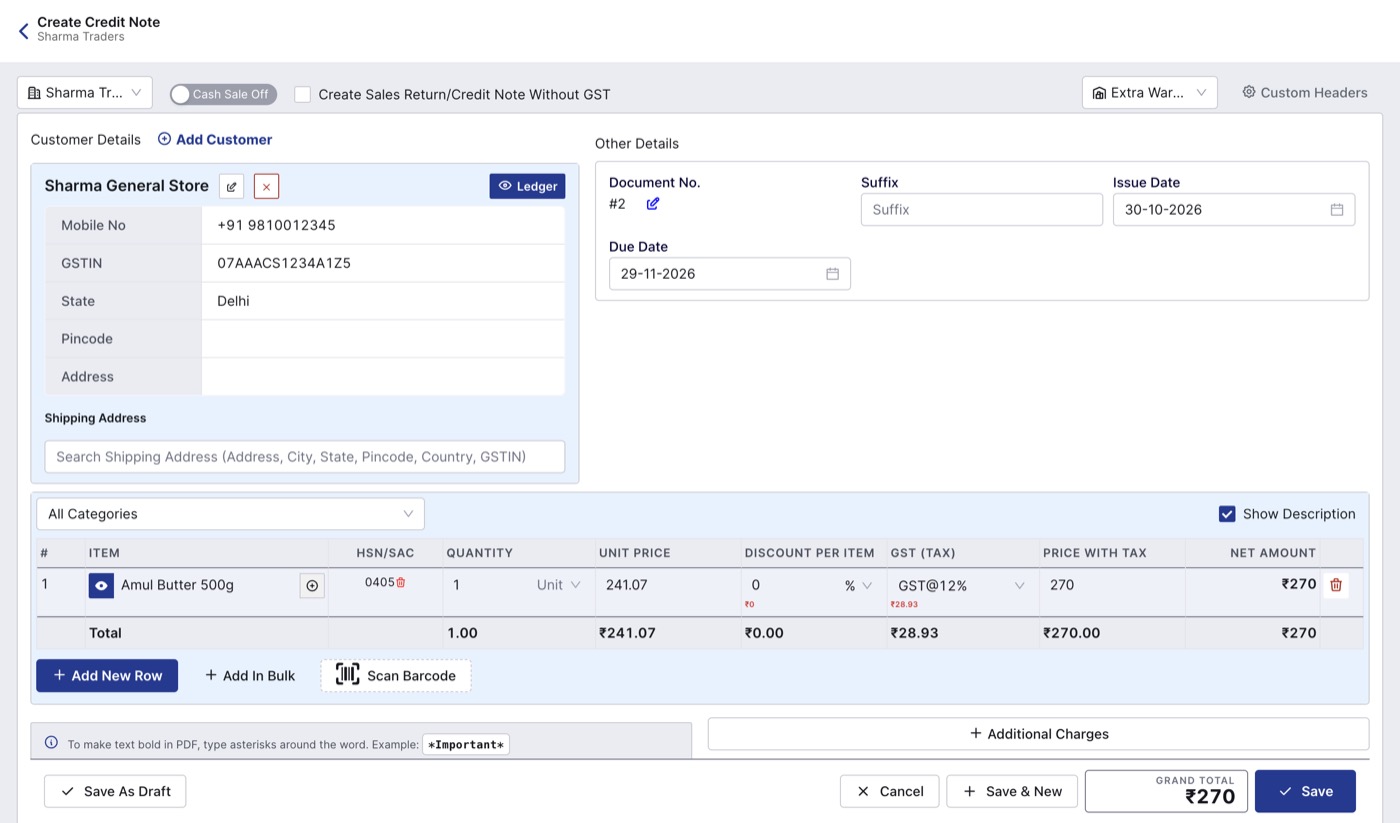 Create Credit Note screen in BillClap Offline with customer and returned item
