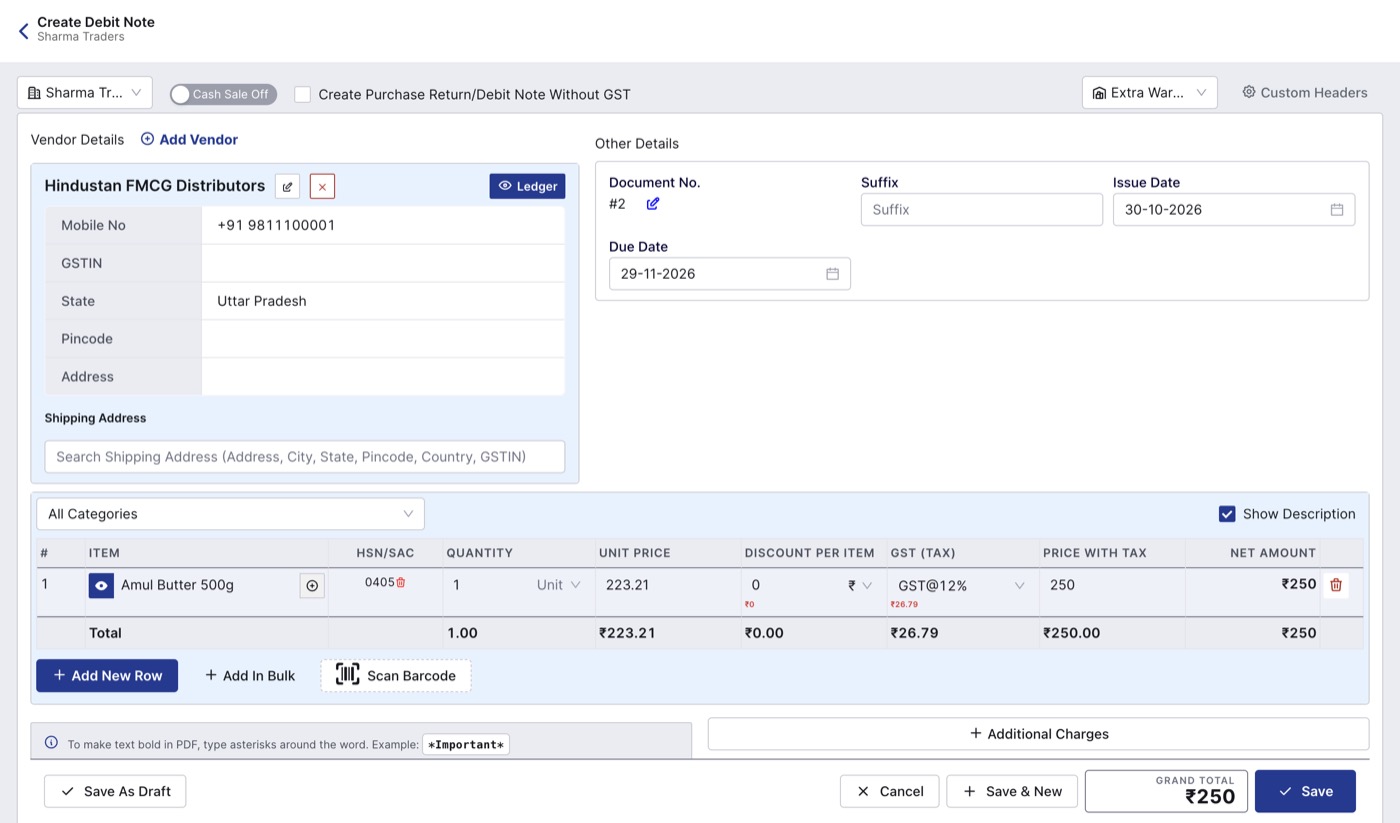 Create Debit Note screen in BillClap Offline with supplier and returned item