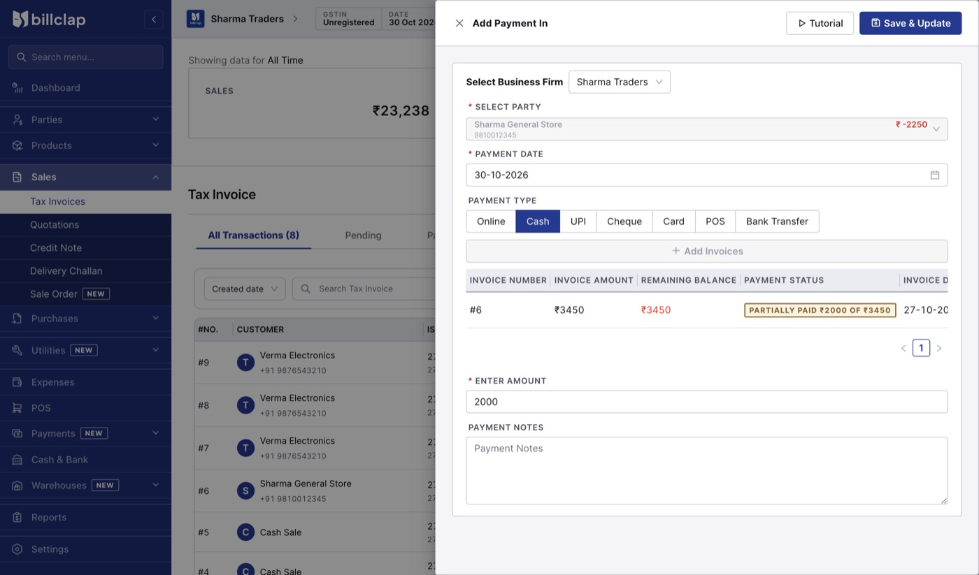Add Payment In drawer with party, payment date, payment type, invoice and amount
