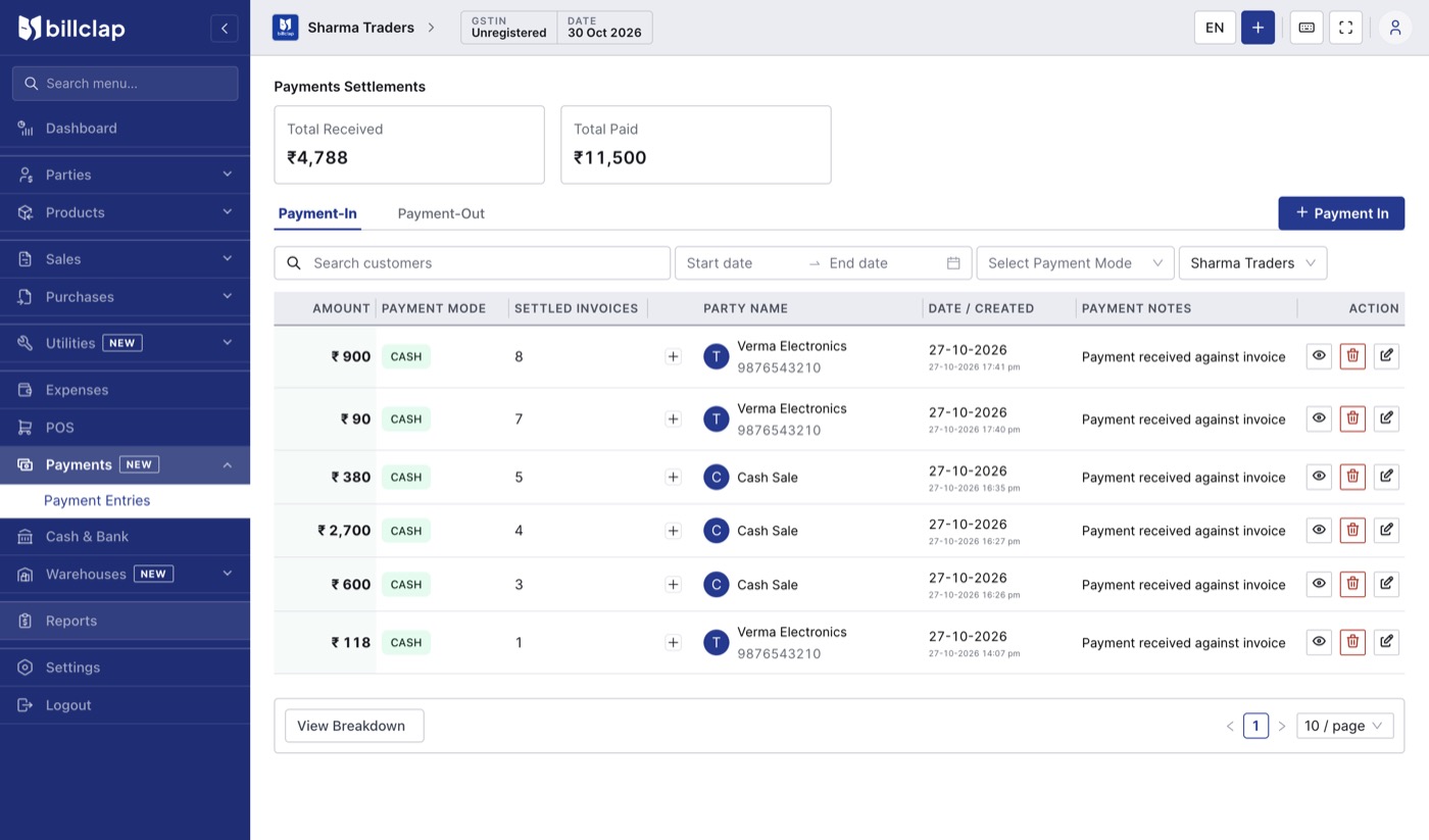 Payment Entries page with Payment-In and Payment-Out tabs, totals and list of payments