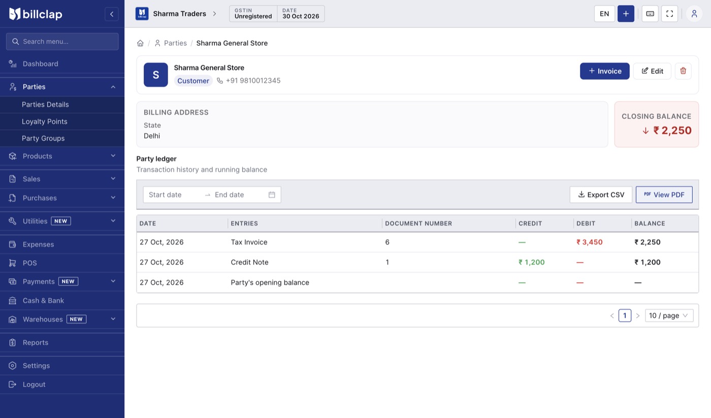 Party ledger page with closing balance and entries for tax invoice, credit note and opening balance