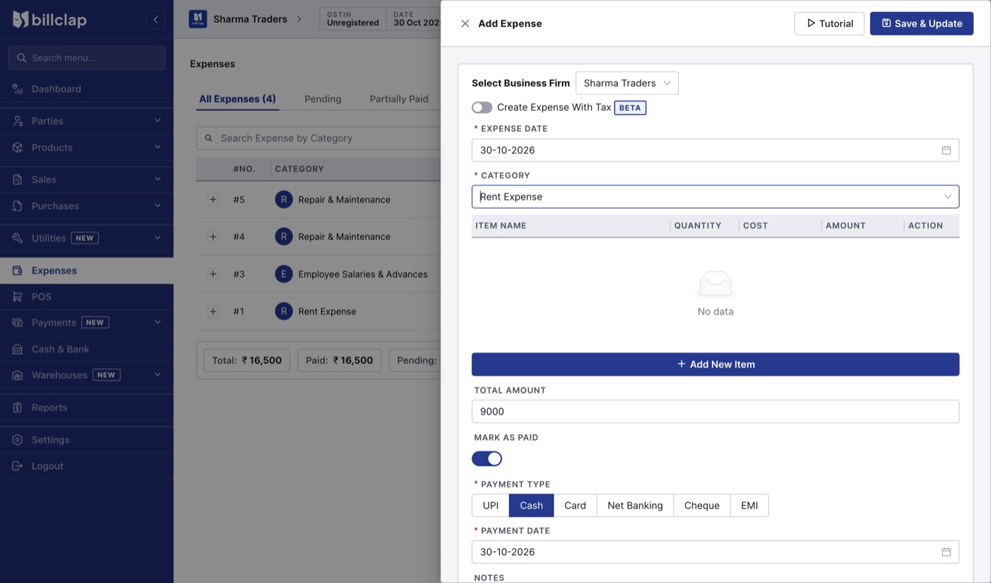 Add Expense drawer in BillClap Offline with date, category Rent Expense, total amount 9000, mark as paid and payment type Cash