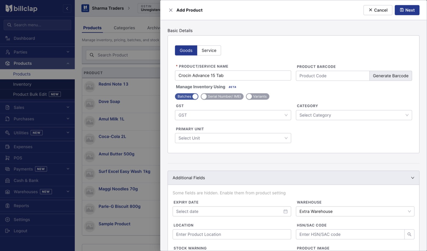 Add Product form with Batches switched on under Manage Inventory Using