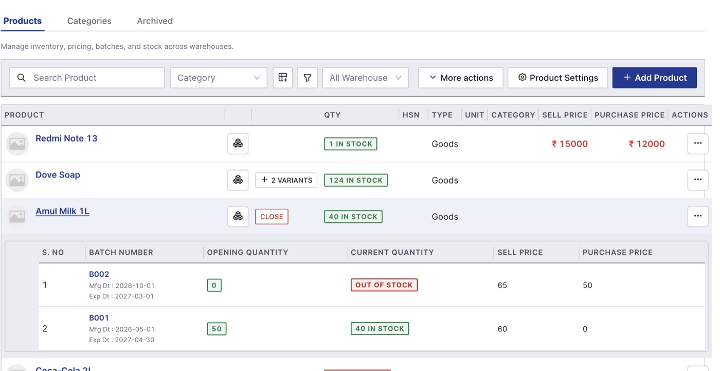 Products list with a batch product expanded to show batch numbers, manufacture and expiry dates, quantities and prices