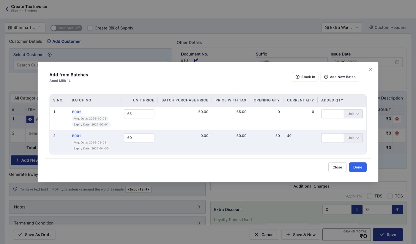 Add from Batches window on an invoice showing two batches with expiry dates, prices, current quantity and Added Qty