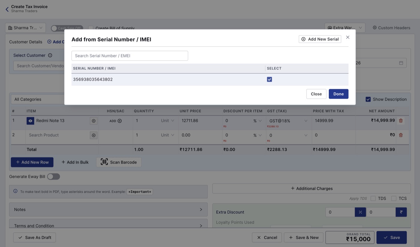 Add from Serial Number / IMEI window on an invoice with one IMEI ticked