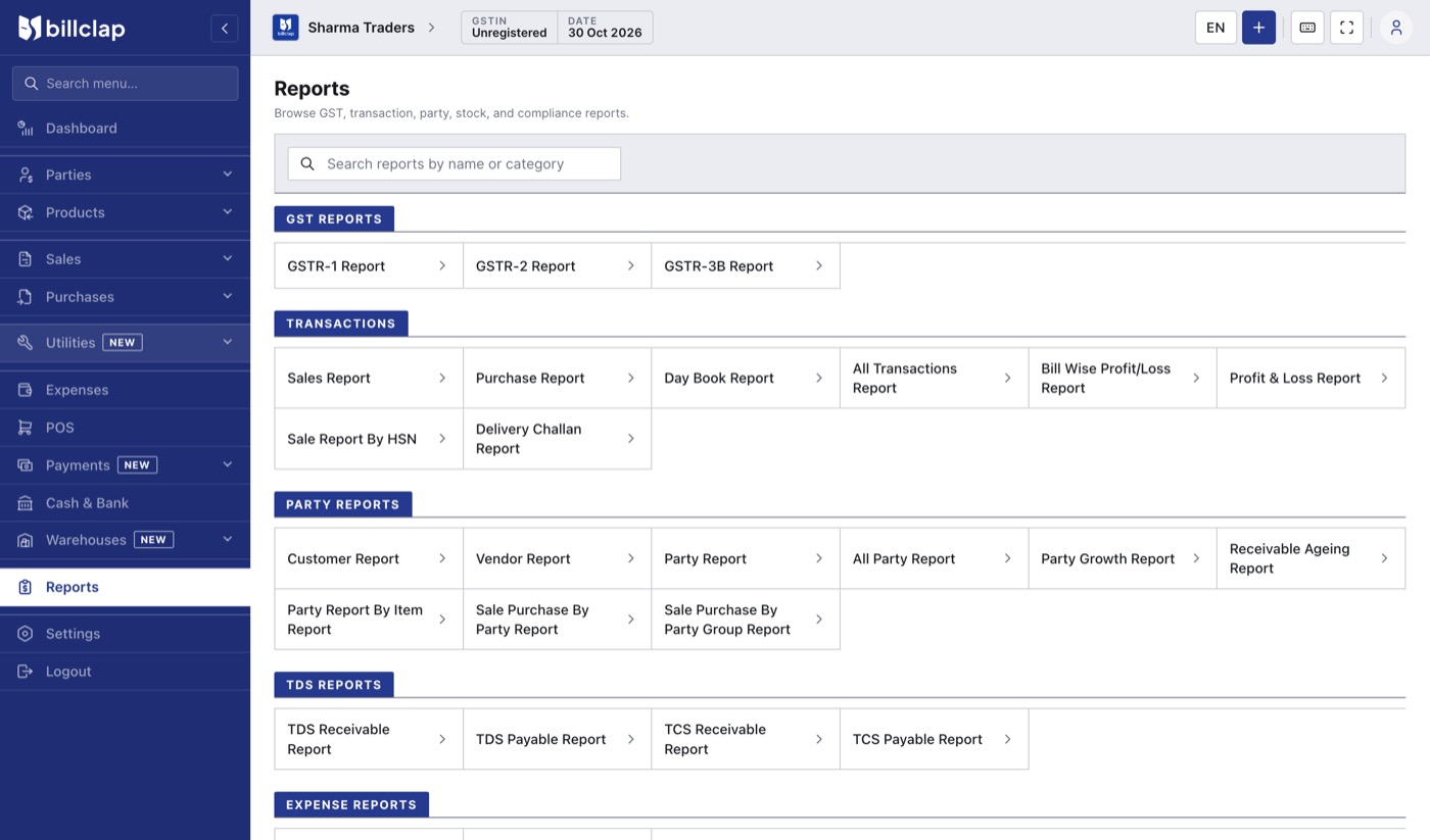 Reports page in BillClap Offline grouped into GST, transaction, party, TDS and expense reports