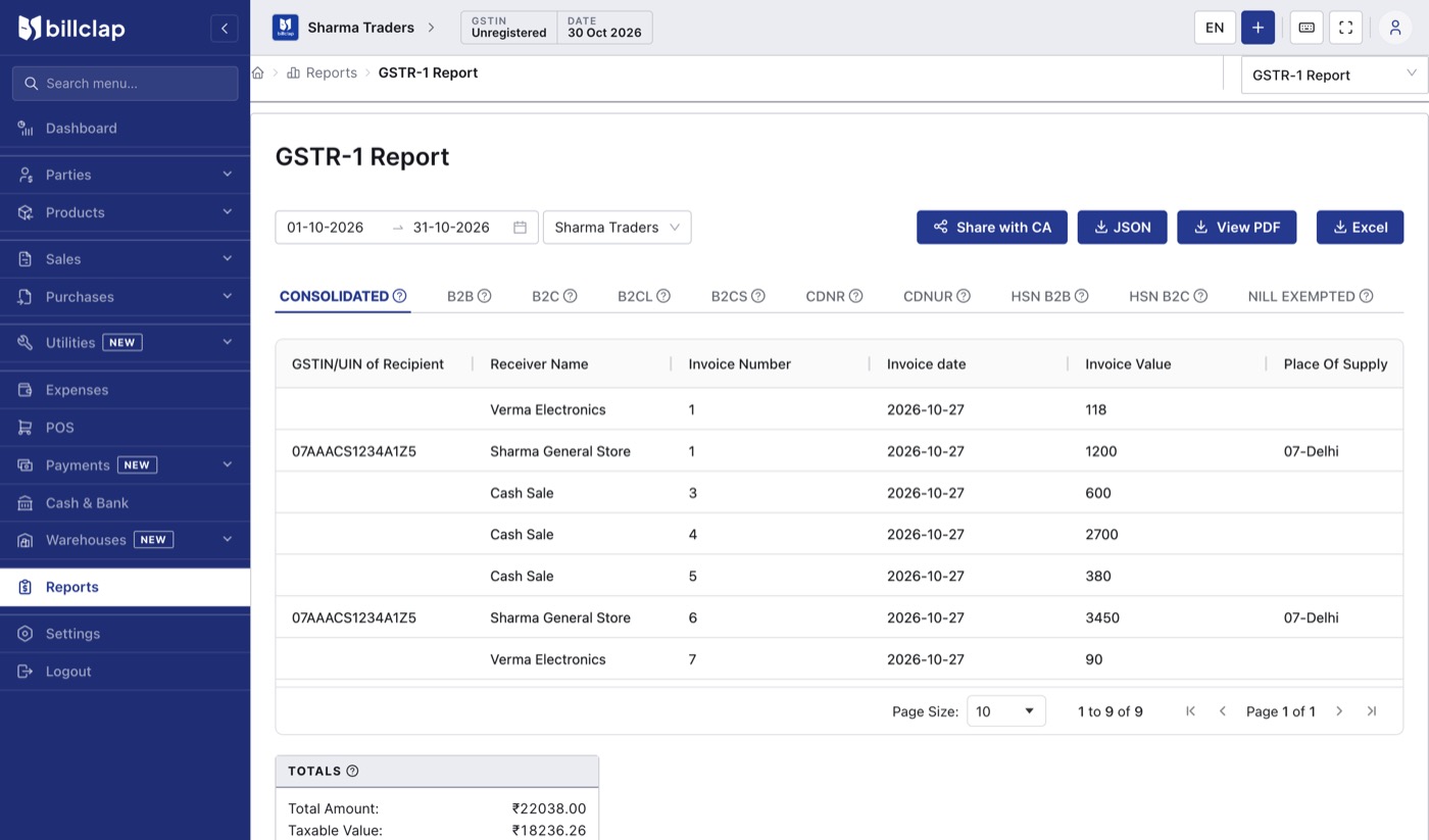 GSTR-1 Report with consolidated, B2B, B2C, CDNR and HSN tabs, Share with CA, JSON, PDF and Excel buttons